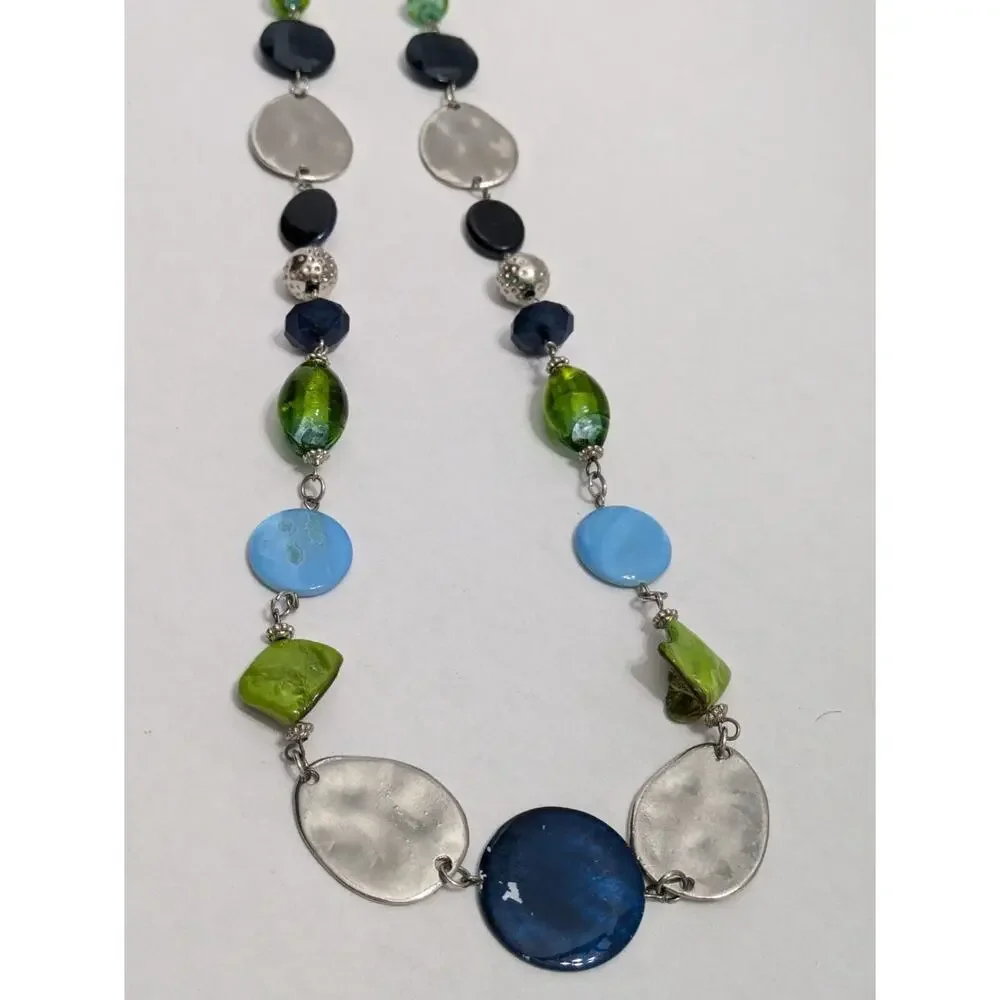 Beaded Necklace flat Oval Disk Boho Ethnic Gemstone‎ Rock Silver Chain VTG Style